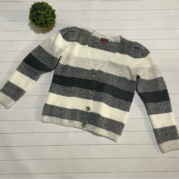 Vince Camuto White Gray Bold Stripe Ribbed Knit Cardigan Sweater Women’s Small - Picture 1 of 8